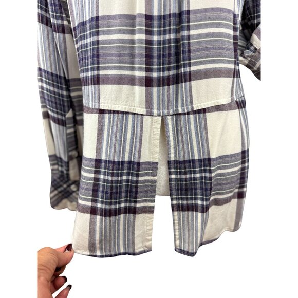 NEW Cloth & Stone XS Plaid Split back Long Sleeve Button Down Shirt Purple White - Picture 9 of 14